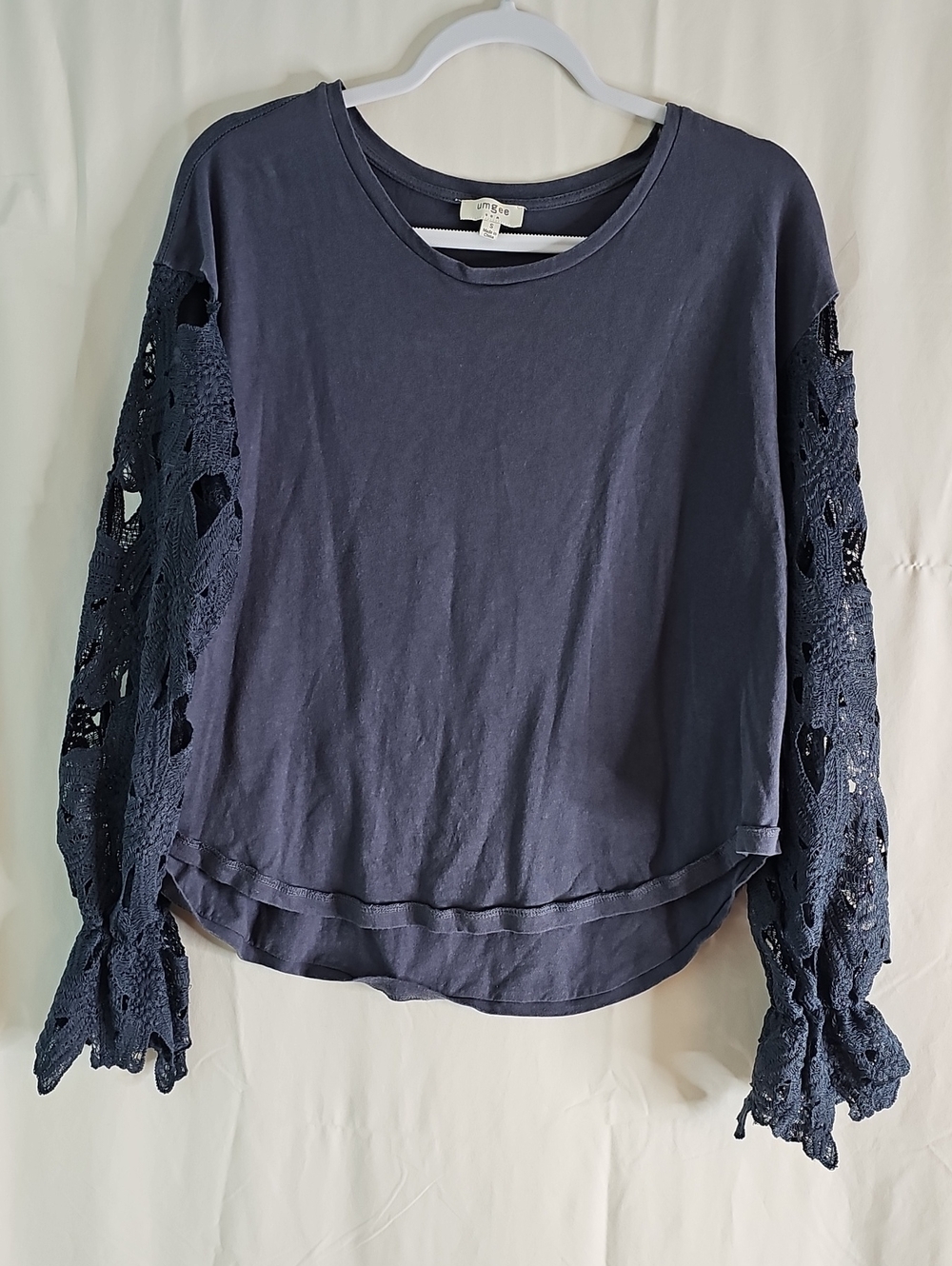 Umgee Navy Crochet-Sleeve Pullover